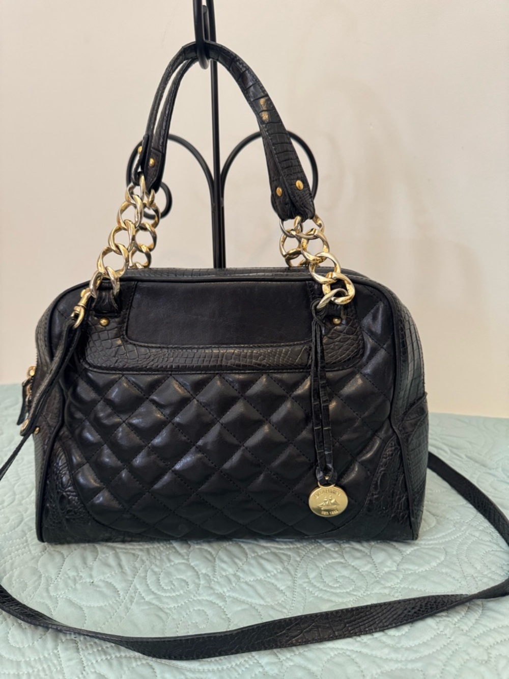 Black Quilted Brahmin Satchel Handbag with detachable crossbody strap